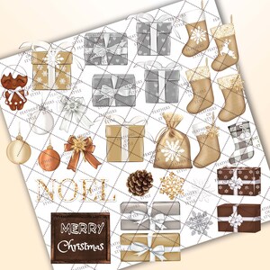 Pu&ograve; includere: Un set di clipart digitali con illustrazioni a tema natalizio. Le illustrazioni includono regali, calze, una pigna, una borsa e un cartello che dice "Buon Natale". Le illustrazioni sono in uno schema di colori oro, marrone e bianco.