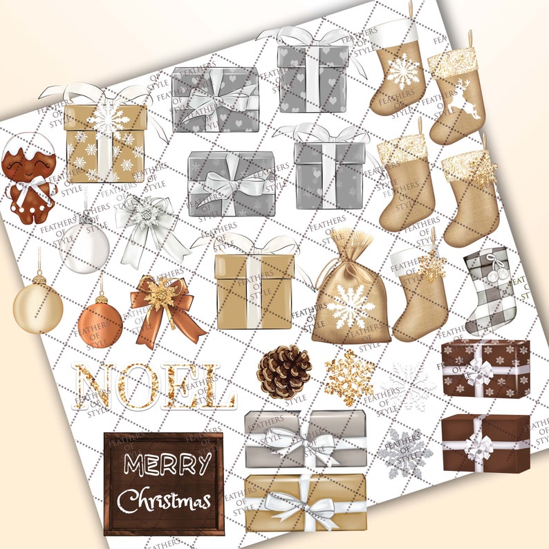 Pu&ograve; includere: Un set di clipart digitali con illustrazioni a tema natalizio. Le illustrazioni includono regali, calze, una pigna, una borsa e un cartello che dice "Buon Natale". Le illustrazioni sono in uno schema di colori oro, marrone e bianco.