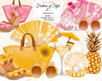 Summer fashion accessories clipart, Summer fashion clipart, Fashion Illustration, Bag clipart, Shoe clipart, planner clipart