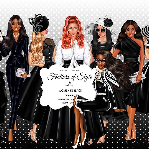 Mode meisjes clipart, vrouwen in zwarte clipart, kleine zwarte jurk clipart, Afro-Amerikaanse clipart, Afro meisjes clipart