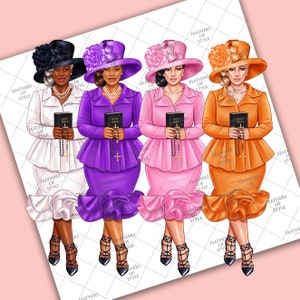 May include: Four women wearing colorful dresses and hats, holding Bibles and rosaries. The women are wearing white, purple, pink, and orange dresses. The hats are decorated with flowers.