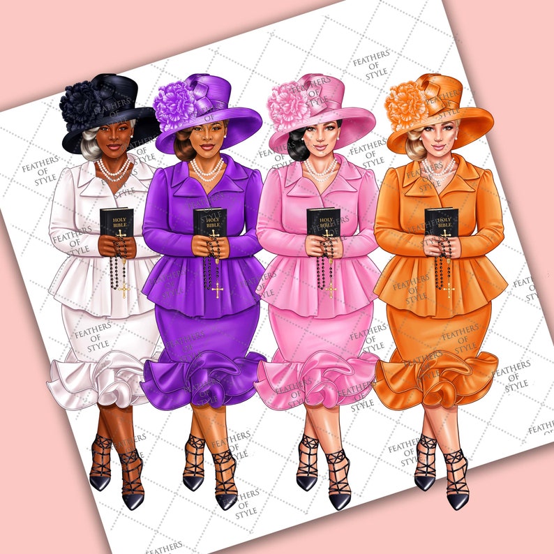 May include: Four women wearing colorful dresses and hats, holding Bibles and rosaries. The women are wearing white, purple, pink, and orange dresses. The hats are decorated with flowers.