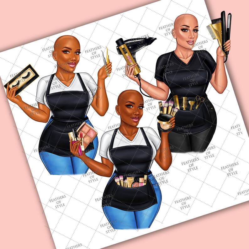 May include: Three illustrations of women with bald heads wearing black aprons and white shirts. Each woman is holding different beauty tools and products, including makeup brushes, a blow dryer, a curling iron, and a pair of scissors. The background is a white checkered pattern.