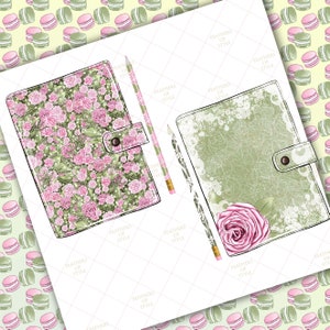 May include: Two floral patterned and green patterned notebooks with pencils. The floral notebook has a pink and green floral pattern. The green notebook has a white lace design and a pink rose.