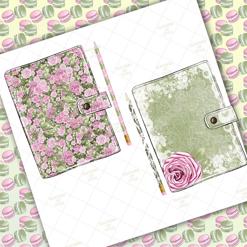 May include: Two floral patterned and green patterned notebooks with pencils. The floral notebook has a pink and green floral pattern. The green notebook has a white lace design and a pink rose.