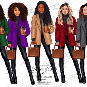 May include: Four women wearing different colored coats and carrying brown leather handbags. Each woman is wearing black pants and boots. The women are standing in front of a white background with text that says "Feathers of Style".