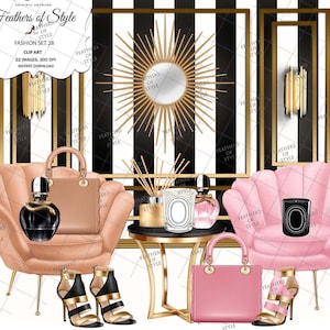 May include: A digital illustration of a black and white striped background with two pink and peach velvet chairs. Each chair has a gold metal base and a gold metal handbag. There is a gold metal table with a gold metal base and a clear glass diffuser with sticks. There are two perfume bottles, one black and one pink, on the table. There is a gold metal sunburst mirror on the wall.