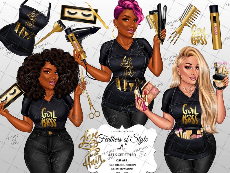 May include: Three illustrations of women wearing black shirts with gold text that says "Girl Boss" and "Love Hair". The women are holding various hair styling and makeup tools. The text "Feathers of Style" is at the bottom of the image.