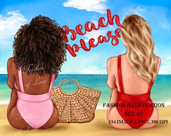 Clipart de garota de verão, clipart de garota de praia, clipart de garota de moda, ilustração de moda, clipart de Boss Babe, clipart afro-americano