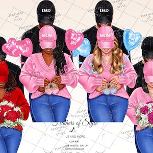 May include: Digital illustration featuring couples anticipating a baby. The women wear pink sweaters and baseball caps with "Mom" on them, holding baby shoes. The men wear black caps with "Dad". Balloons read "Baby girl" and "Baby boy".