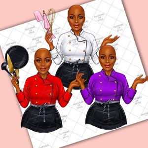 May include: Three illustrations of bald women wearing chef uniforms in different colors: red, white, and purple. Each woman is holding a different kitchen utensil: a spatula, a whisk, and a frying pan.