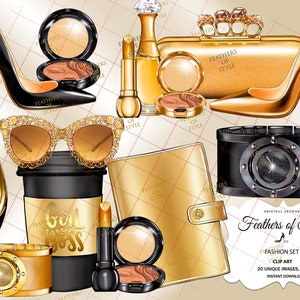 May include: A digital illustration of a fashion set with 20 unique images. The set includes a gold clutch, a pair of sunglasses, a gold watch, a pair of high heels, a perfume bottle, a coffee cup, a makeup palette, and a notebook. The text "Feathers of Style" is featured in the image.