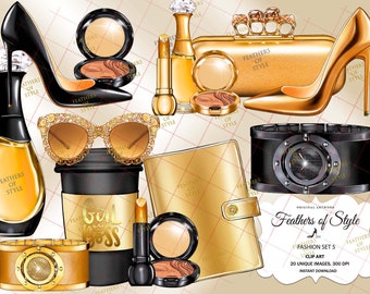 Mode accessoires clipart, Mode clipart, Fashion set clipart, Fashion Illustratie, Tas clipart, Schoen clipart, Gold planner clipart