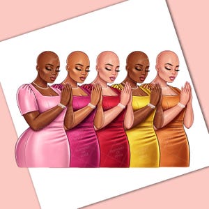May include: Five women with shaved heads are wearing dresses in different colors, pink, red, yellow, orange, and praying with their hands clasped together.
