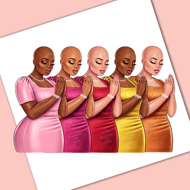 May include: Five women with shaved heads are wearing dresses in different colors, pink, red, yellow, orange, and praying with their hands clasped together.