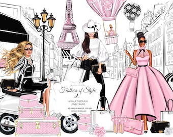 Paris Girls Clipart Spring Fashion Clipart Fashion Girl Clipart Designer Clipart Eiffel Tower Parisian Illustration Girl Shopping Clipart