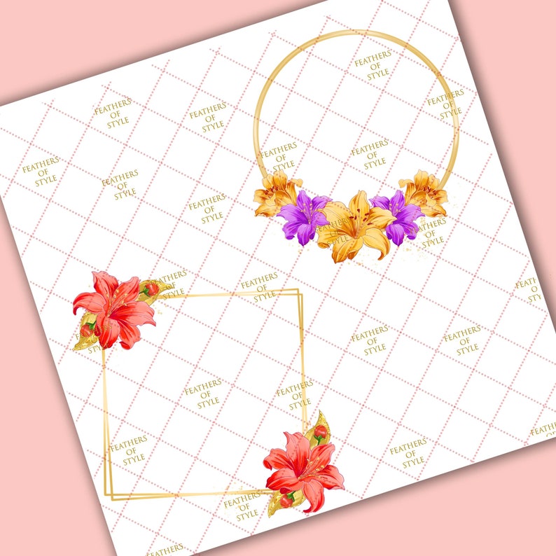 May include: Two gold frames with floral accents. The top frame is round and features yellow and purple flowers. The bottom frame is square and features red flowers. The background is a white and pink checkered pattern.
