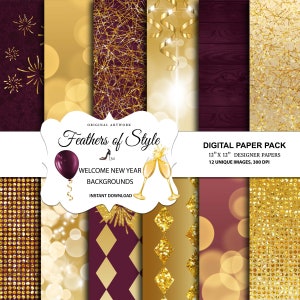 Peut inclure: Un pack de papier numérique avec 12 images uniques, chacune de 30,5 cm par 30,5 cm, présentant une variété de motifs sur le thème du réveillon du Nouvel An en or et bordeaux. Les motifs comprennent des confettis, des feux d'artifice, des flûtes de champagne et une texture de grain de bois.