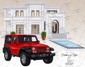 House scene, House illustration, House background, Car clipart, SUV clipart