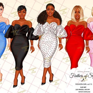 May include: Four women in different colored dresses with puffed sleeves. The dresses are black, white with black polka dots, red, and pink. The women are all smiling and looking at the camera. The image is titled "Feathers of Style" and says "Fashion Girl vol 15 Clip Art 100 Images, 300 DPI Instant Download"
