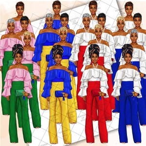 May include: A digital illustration of 16 women wearing different outfits. The women are all wearing off-the-shoulder tops with ruffles, and they have different hair styles and skin tones. The women are wearing pants in various colors, including green, yellow, red, and blue.