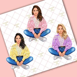 May include: Three illustrations of women wearing different colored blouses with lace detailing, blue jeans, and white sneakers. Each woman is sitting with her legs crossed.
