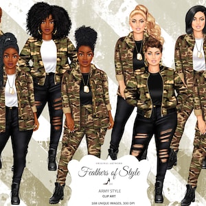 Army clipart, Military Woman Clipart, Fashion girl clipart, Veteran day clipart, Female troops, Afro girl clipart