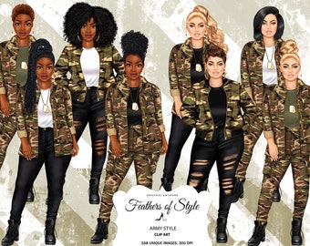 Army clipart, Military Woman Clipart, Fashion girl clipart, Veteran day clipart, Female troops, Afro girl clipart