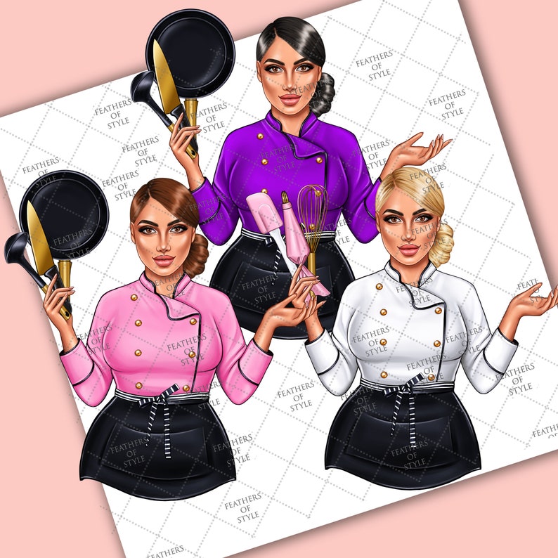 May include: Three women wearing chef uniforms and holding kitchen utensils. The woman on the left is wearing a pink chef jacket and black pants. The woman in the middle is wearing a purple chef jacket and black pants. The woman on the right is wearing a white chef jacket and black pants.