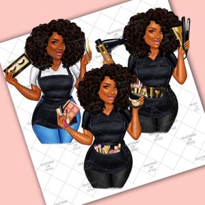 May include: Three illustrations of Black women with curly hair wearing black aprons and holding various beauty supplies. The women are holding makeup brushes, a blow dryer, a curling iron, and other beauty tools.
