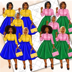 May include: Eight digital illustrations of women wearing different colored blouses and skirts. The women are holding purses in their hands. The illustrations are set against a white background with a checkered pattern.