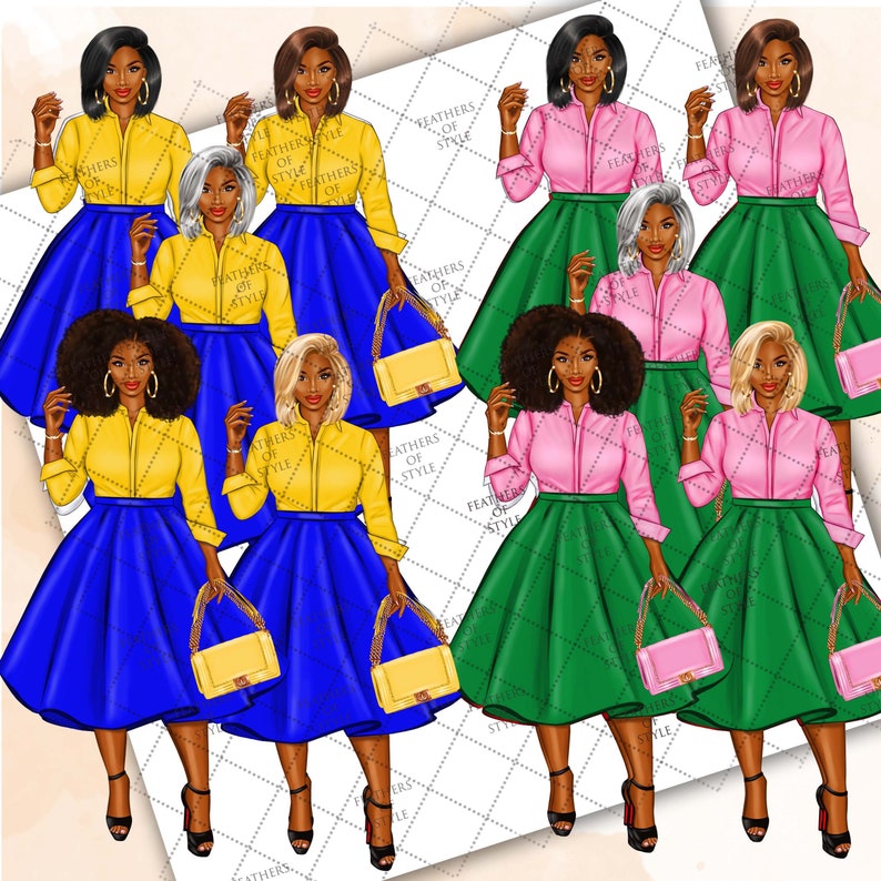May include: Eight digital illustrations of women wearing different colored blouses and skirts. The women are holding purses in their hands. The illustrations are set against a white background with a checkered pattern.