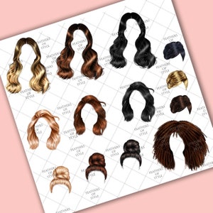 May include: A set of 14 digital hair styles for women. The hair styles are in various colors, including blonde, brown, black, and red. The hair styles are all in a variety of styles, including long, short, curly, and straight.