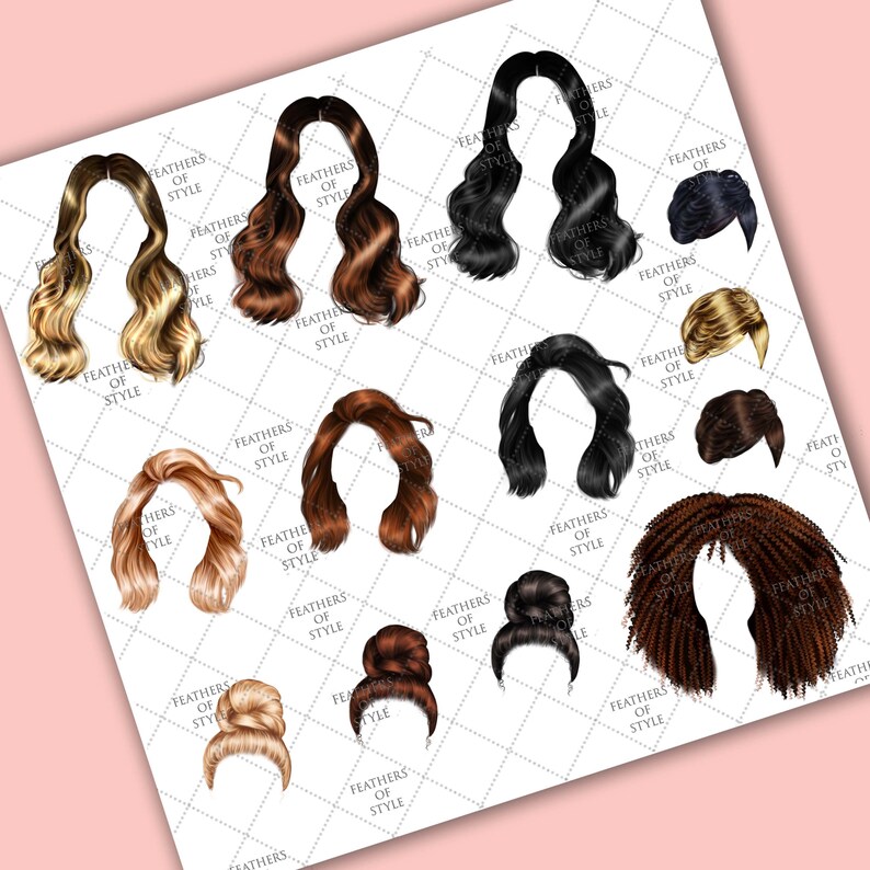 May include: A set of 14 digital hair styles for women. The hair styles are in various colors, including blonde, brown, black, and red. The hair styles are all in a variety of styles, including long, short, curly, and straight.