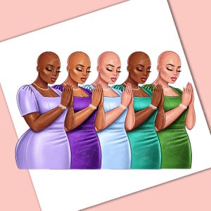May include: Five bald women in different colored dresses are standing with their hands clasped in prayer. The women are wearing pearl necklaces and have similar facial features. The dresses are purple, light blue, teal, and green.