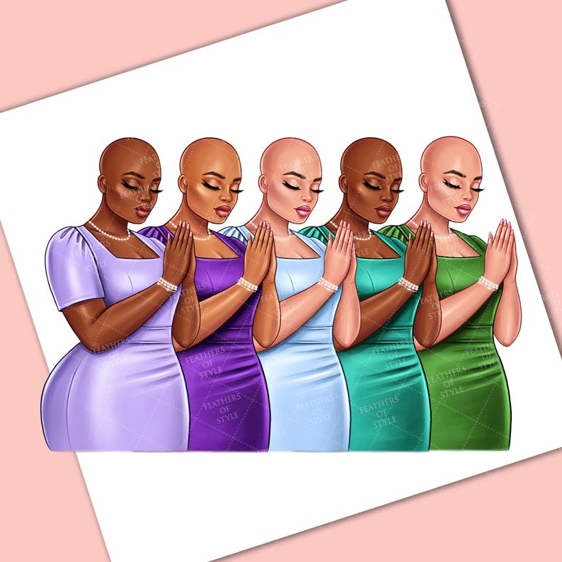 May include: Five bald women in different colored dresses are standing with their hands clasped in prayer. The women are wearing pearl necklaces and have similar facial features. The dresses are purple, light blue, teal, and green.