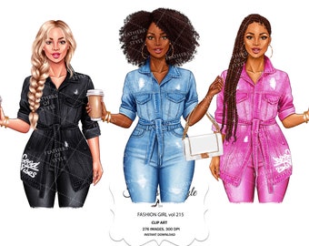 Denim girl clipart, Curvy girl clipart, Fashion girl clipart, Jeans Girl Clipart, African American clipart, Afro girls clipart
