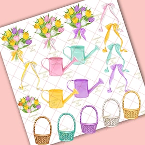 May include: A set of digital clipart featuring spring-themed illustrations. The set includes bouquets of tulips, watering cans in various colors, and wicker baskets.