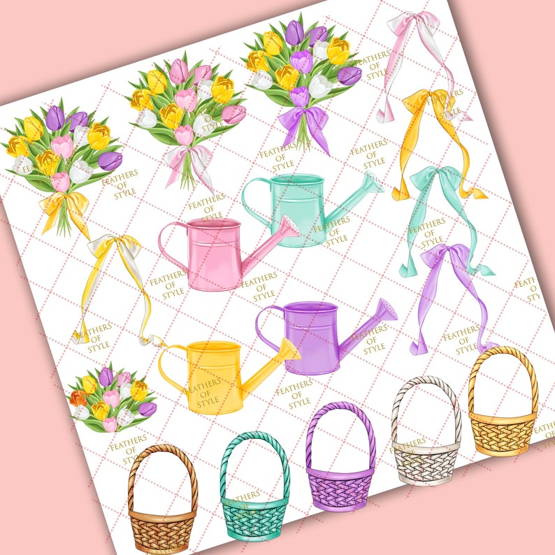 May include: A set of digital clipart featuring spring-themed illustrations. The set includes bouquets of tulips, watering cans in various colors, and wicker baskets.