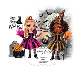 Halloween Chibi Clipart, Chibi Witch Cliparts, Halloween Planner, Halloween Stickers, Halloween girls clipart