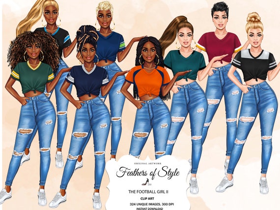 Football girl clipart, Sport girl clipart, Fashion girl clipart, Casual girls clipart, African American clipart, Afro girls clipart