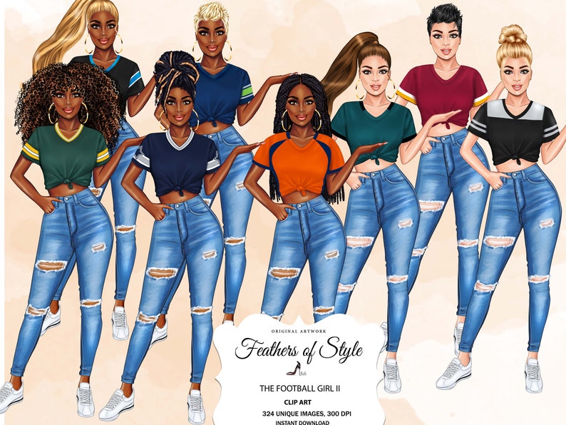 May include: Digital illustration of eight women wearing different colored t-shirts with a football jersey design and ripped jeans. The women have different hairstyles and skin tones. The image is set against a light brown background.