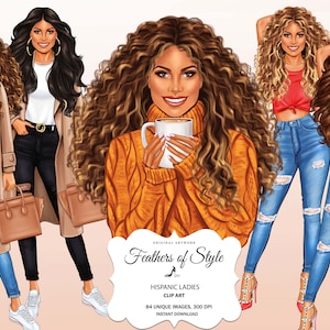 May include: Four digital illustrations of women with long curly hair wearing different outfits. The women are wearing jeans, a white shirt, a red top, a brown sweater, and a brown coat. The women are holding a coffee mug, a purse, and a phone. The text "Feathers of Style" is at the bottom of the image.