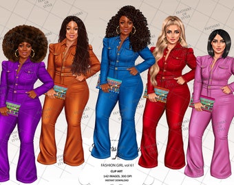 Clipart di moda, clipart di ragazza alla moda, clipart di ragazza in denim, clipart di ragazza boss, clipart di afroamericani, clipart di ragazze afro