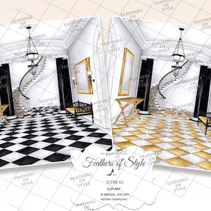 May include: A digital illustration of a grand foyer with a black and white checkered floor, a winding staircase, and a gold and white patterned floor. The foyer features a black and gold bench, a gold table, and two gold framed mirrors.