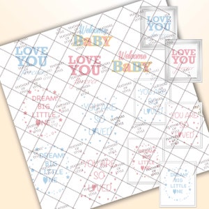 May include: A digital paper pack with 10 different designs featuring baby-themed text in pink, blue, and yellow. The text includes phrases like "Love You Forever", "Welcome Baby", "You Are So Loved", and "Dream Big Little One".