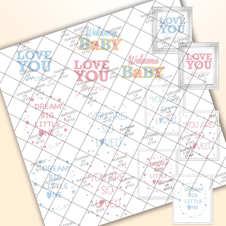 May include: A digital paper pack with 10 different designs featuring baby-themed text in pink, blue, and yellow. The text includes phrases like "Love You Forever", "Welcome Baby", "You Are So Loved", and "Dream Big Little One".