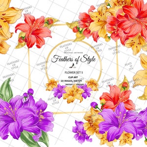 May include: A digital illustration of 20 watercolor flower clip art images. The flowers are yellow, orange, red, and purple. The flowers are arranged in a circle with a gold frame. The text "Feathers of Style" is in the center of the frame.