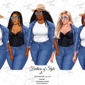 Denim Mädchen Clipart, Curvy Mädchen Clipart, Fashion Mädchen Clipart, Jeans Mädchen Clipart, African American Clipart, Afro Mädchen Clipart