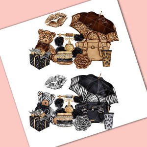 May include: Two sets of illustrations featuring a teddy bear, a vintage phone, a handbag, a gift box, a rose, a perfume bottle, a cup, and an umbrella. The top set features a leopard print design and the bottom set features a zebra print design. The text "Feathers of Style" appears on both umbrellas.